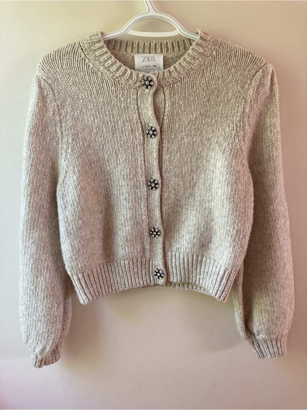 Zara Beige Cropped Knit Cardigan with Floral Jewel Buttons